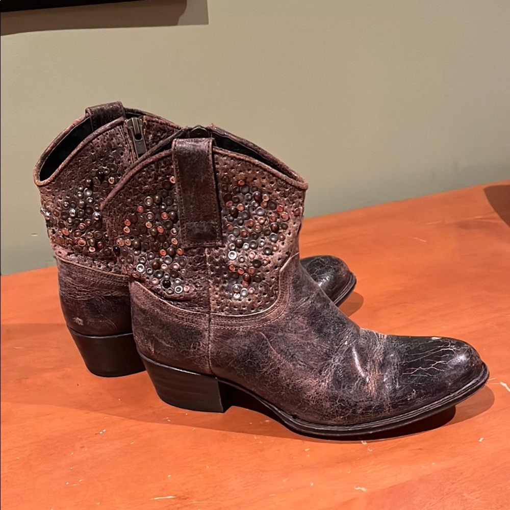 Frye Gray Leather Ankle Booties with Studded Detail